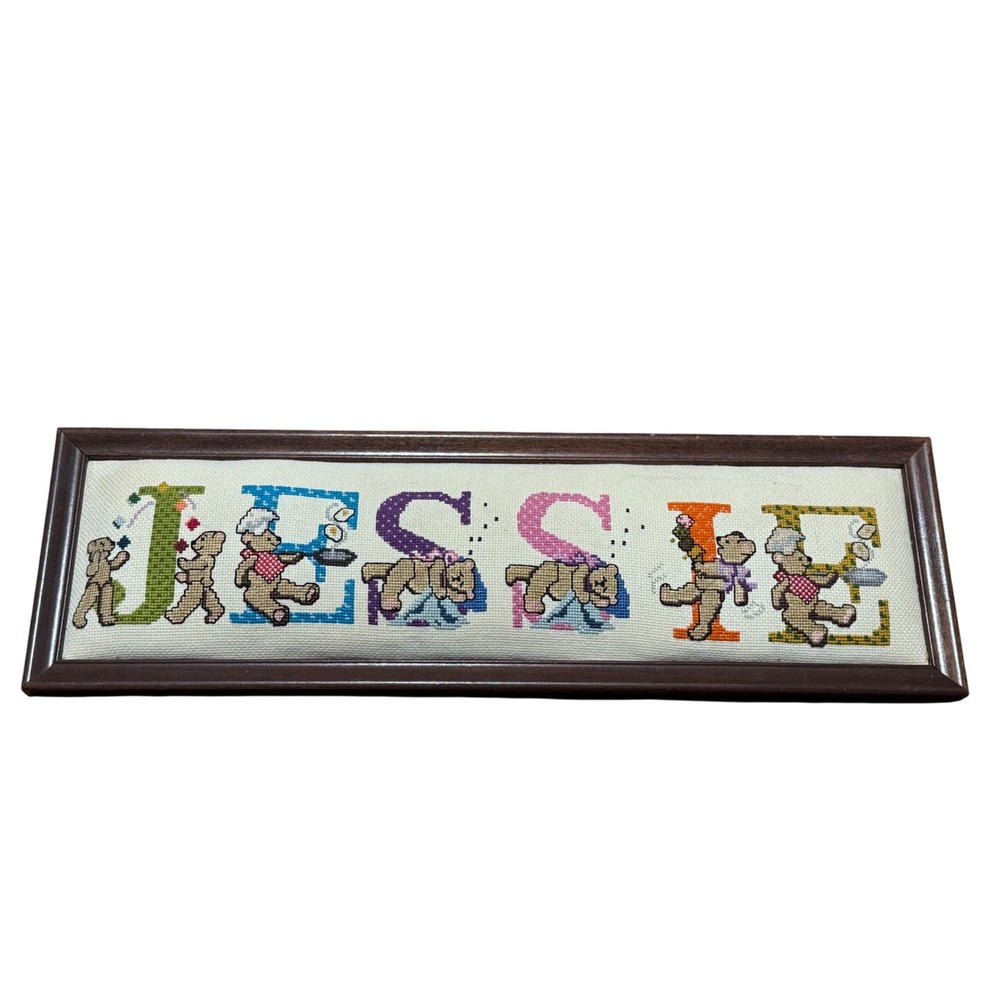 Vintage Handmade Cross Stitch Jessie Teddy Bear Framed Name Art Nursery Decor